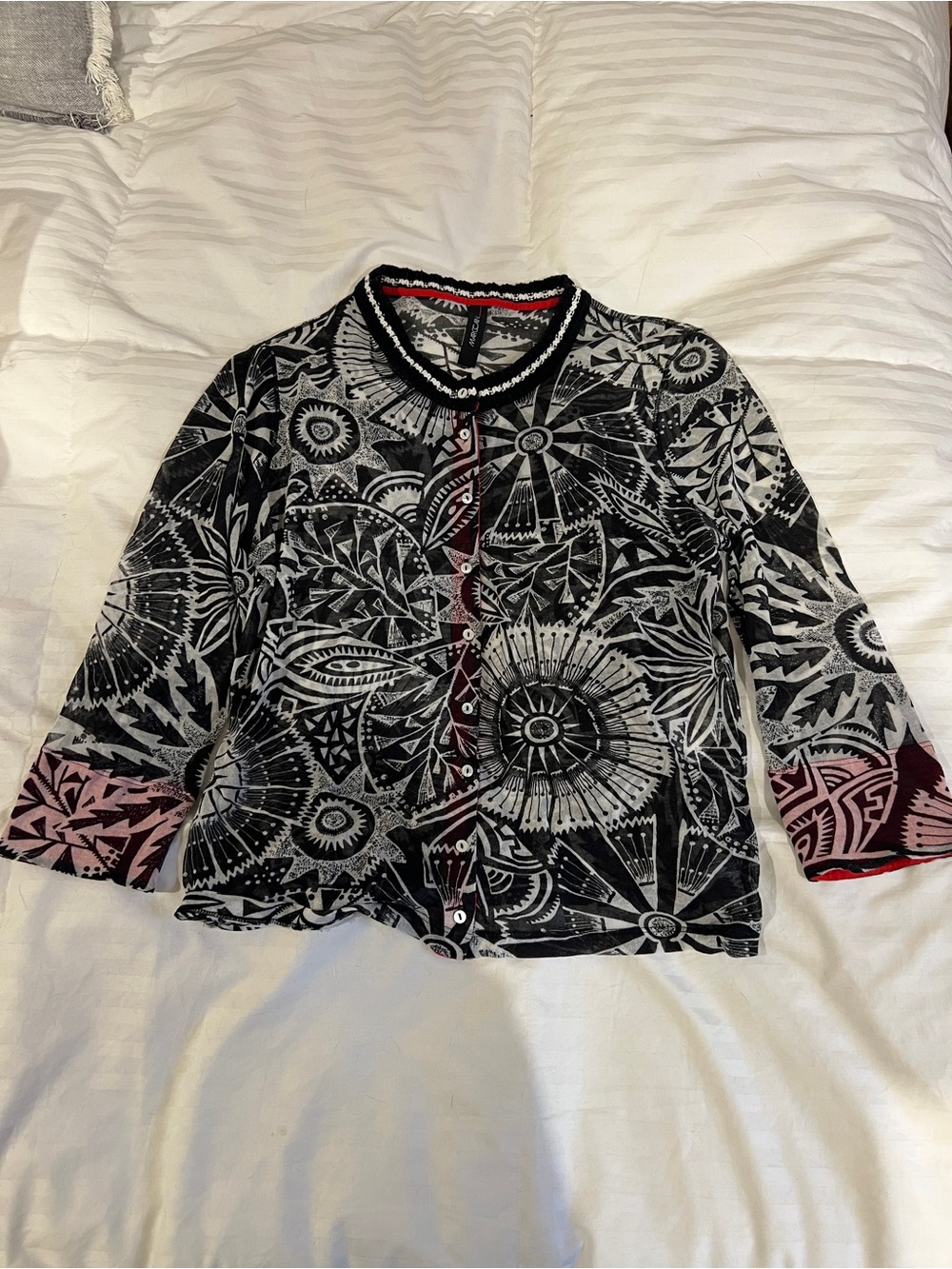 Printed Button-Front Women's Sweater Cardigan - Black, White & Pink